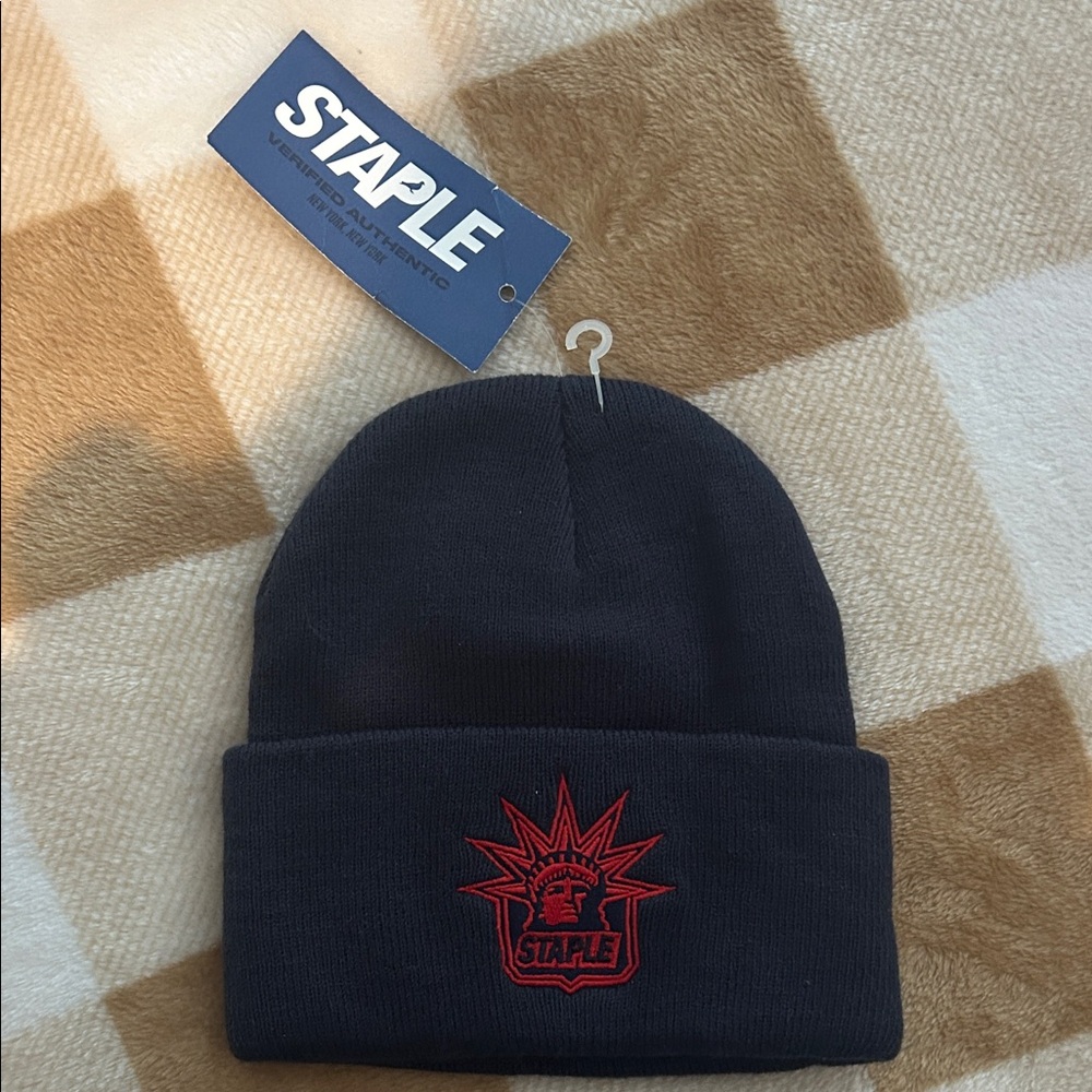 Staple Navy Beanie with Red Emblem